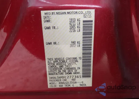 2015 Nissan Altima 2.5 S из США, поврежденный, VIN 1N4AL3AP0FC277365